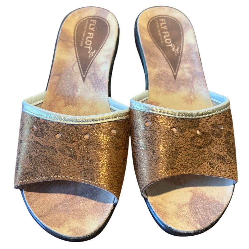 Fly‎ Flot Metallic Bronze Wedge Slip On  Italian Sandals Comfort Sole
